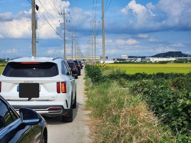 충남 아산시 인주면 인근 논길에서 교통 체증이 발생했다./스레드 캡처