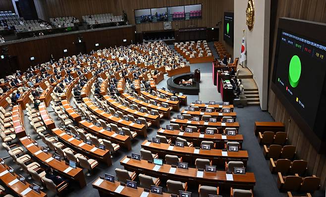 19일 오후 서울 여의도 국회 본회의에서 국민의힘 의원들이 불참한 가운데 ‘김건희 여사 특검법’이 통과되고 있다. 이상섭 기자