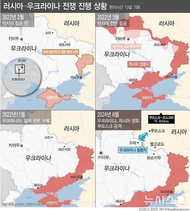 [서울=뉴시스] 우크라이나는 지난달 6일(현지시각) 러시아 쿠르스크에 지상전을 개시했다. 2022년 2월 우크라이나 전쟁 발발 이래 러시아 본토에 대한 첫 대규모 지상전이다. 러시아 영토를 다른 국가가 침공한 것도 2차 세계대전 이후 처음 있는 일이다. (그래픽=전진우 기자)  618tue@newsis.com