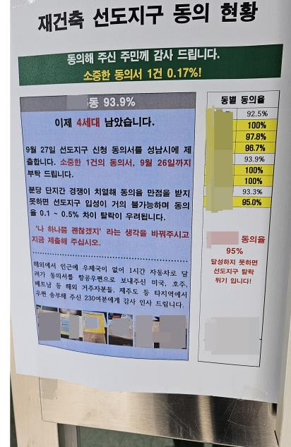 분당 모 아파트단지 동 출입문에 붙은 재건축 선도지구 동의 현황 안내문 [촬영 이우성]