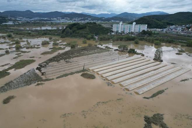 지난 19~21일 집중호우로 인해 426.8㎜의 누적강수량을 기록한 김해시에서 한림면 화포천습지생태공원과 농지 일대가 폭우의 여파로 잠겨 있다. 연합뉴스