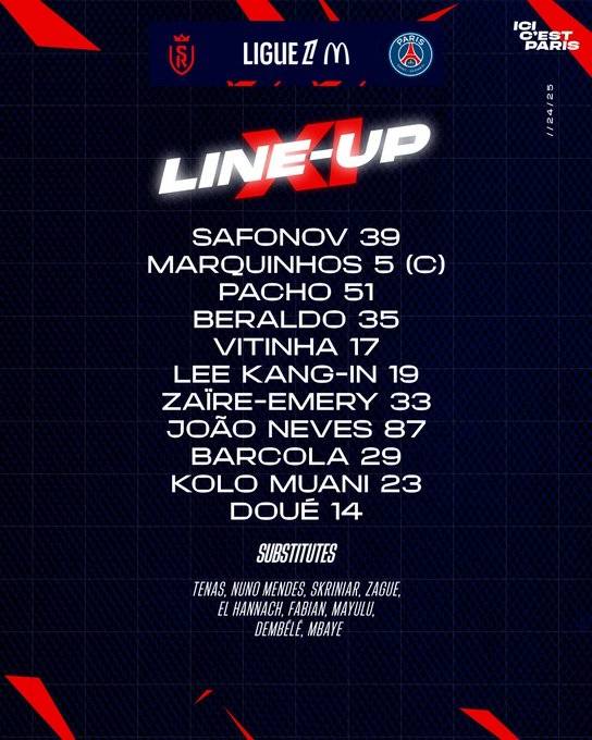 PSG 선발 라인업. PSG 공식 SNS