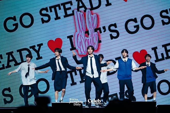 Boy band NCT Wish performs lead track ″Steady″ during a press showcase Tuesday at the Blue Square in central Seoul. [DANIELA GONZALEZ PEREZ]