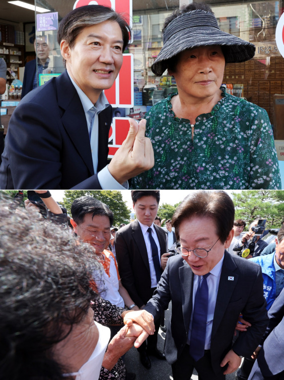 지난 24일 전남 영광군 한 교차로·곡성군민회관 앞에서 시민들과 각각 이야기를 나누는 조국혁신당 조국 대표(위)와 더불어민주당 이재명 대표(아래) 모습. 사진=연합뉴스 