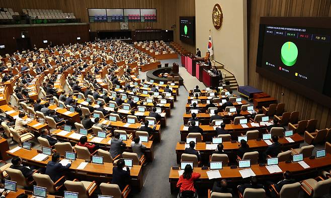 26일 오후 국회 본회의에서 성폭력범죄처벌특례법(성폭력처벌법) 개정안이 통과되고 있다. 신소영 기자