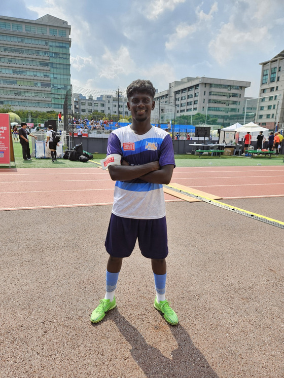 India's Nanda Kumar Dorai Chandran poses for a photo after winning a 2024 Homeless World Cup match against Sweden at Hangyang University in eastern Seoul on Thursday. [PAIK JI-HWAN]