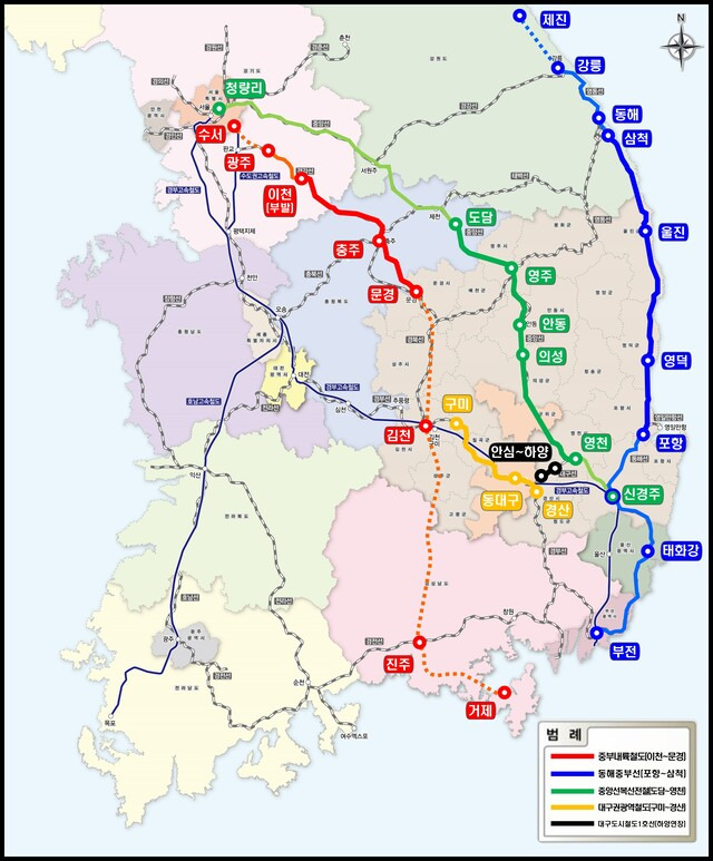 올해 말 개통을 앞두고 있는 대구경북지역 일반철도 3개 노선, 광역철도 2개 노선의 노선도.   경북도 제공