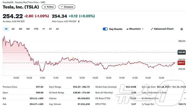 테슬라 일일 주가추이 - 야후 파이낸스 갈무리