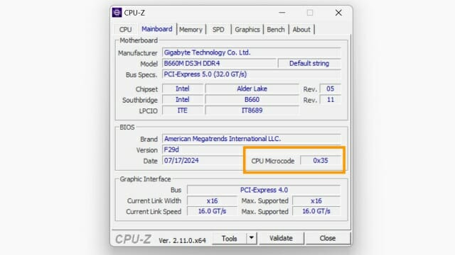 CPU-Z 설치 이후 현재 PC에 설치된 프로세서의 마이크로코드 버전을 확인할 수 있다.