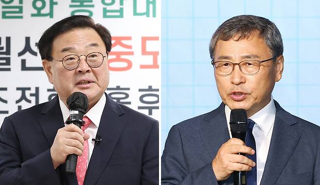 10월 16일 서울시교육감 보궐선거에 중도우파 단일 후보로 추대된 조전혁 전 한나라당 의원(왼쪽)과 진보진영 단일화 후보로 확정된 정근식 서울대 명예교수가 25일 각각 여의도 산림비전센터과 마포구 가온스테이지에서 단일화 후보로 확정된 뒤 소감을 말하고 있다. 2024.9.25 [연합뉴스]