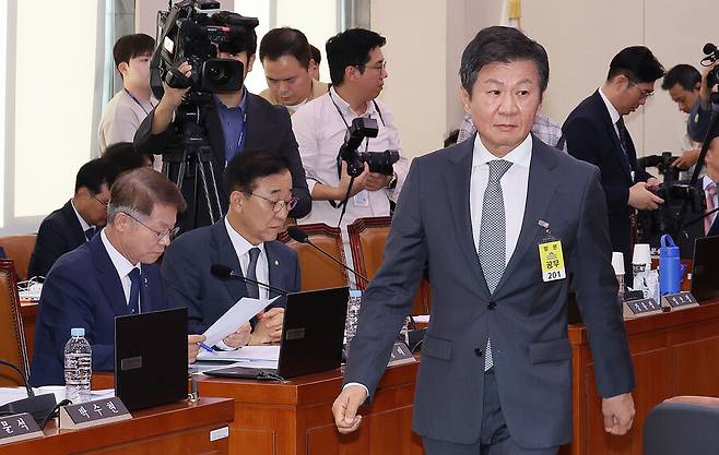 ▲ 정몽규 대한축구협회장과 홍명보 축구 국가대표팀 감독이 24일 서울 여의도 국회에서 열린 문화체육관광위원회 전체회의에 출석하고 있다. ⓒ 연합뉴스