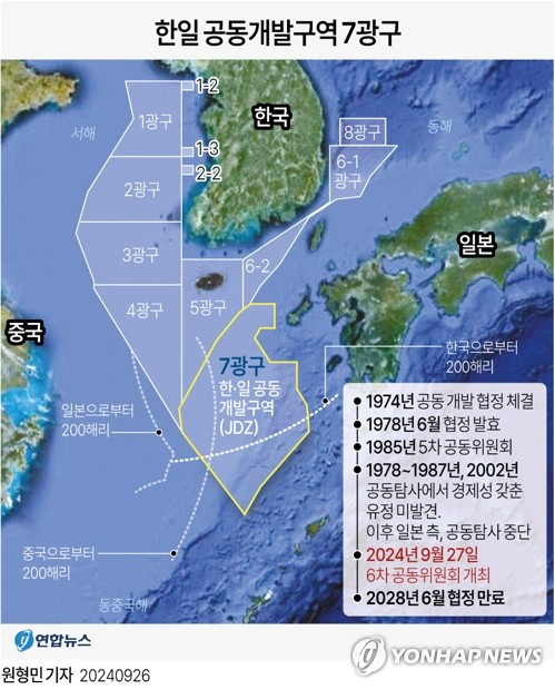 [그래픽] 한일 공동개발구역 7광구 (서울=연합뉴스) 원형민 기자 = 한일은 27일 일본 도쿄에서 '양국에 인접한 대륙붕 남부 구역 공동개발에 관한 협정'에 따른 제6차 공동위원회를 열고 협정 이행과 관련해 논의한다고 외교부가 26일 밝혔다.
    circlemin@yna.co.kr
    페이스북 tuney.kr/LeYN1 X(트위터) @yonhap_graphics