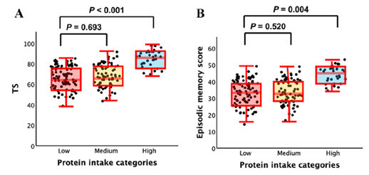 (좌)단백질 섭취에 따른 전체 인지기능의 차이. (우)단백질 섭취에 따른 삽화기억의 차이.
