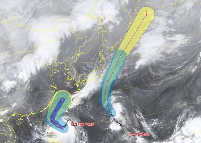 2024년 가을태풍 18호 '끄라톤'은 29일 현재 필리핀 마닐라 북동쪽 약 550km 부근 해상을 지나고 있다. 다만, 제17호 태풍 제비는 일본 도쿄 동쪽 해안을 거쳐 서북쪽으로 향하면서 우리나라에는 영향이 없을 것으로 보인다. ⓒ기상청: 태풍 현재 위치와 예상경로