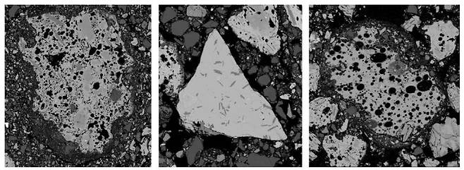 수월봉 화산쇄설물에서 관찰되는 다양한 화산유리의 미세조직을 전자탐침미세분석기(EPMA)로 촬영한 모습. (왼쪽부터) 기공이 많은 화산유리, 기공이 없는 화산유리, 기공이 많으면서 가장자리가 변질된 화산유리. 지질연 제공.