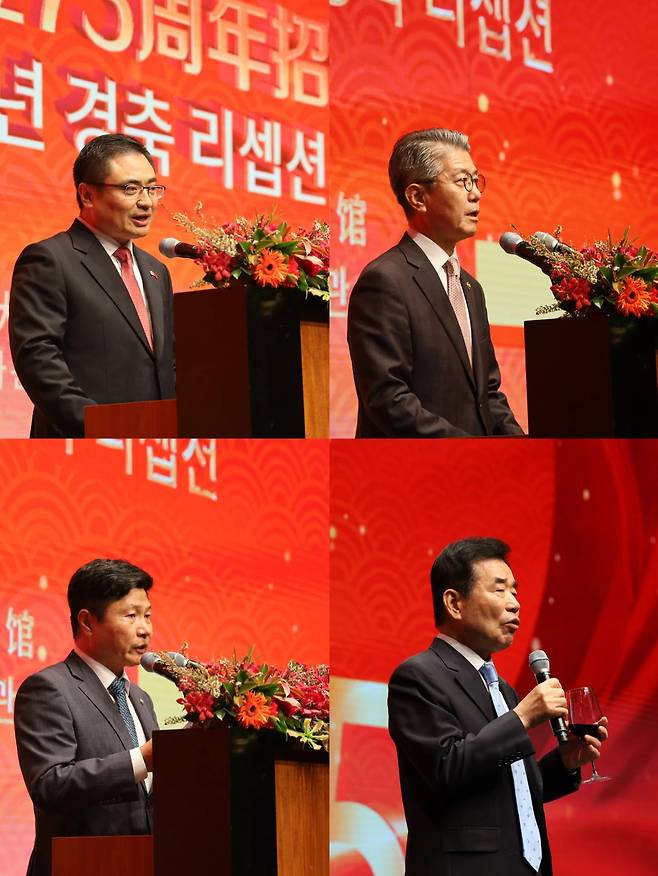 Clockwise from top left: Chinese Charge d'Affaires Fang Kun, South Korea’s First Vice Foreign Minister Kim Hong-kyun, former National Assembly Speaker Kim Jin-pyo and Rep. Hong Kee-won of the Democratic Party of Korea deliver speeches during a reception at The Shilla Seoul on Thursday, celebrating the upcoming 75th anniversary of China’s founding. (Embassy of China in Seoul)