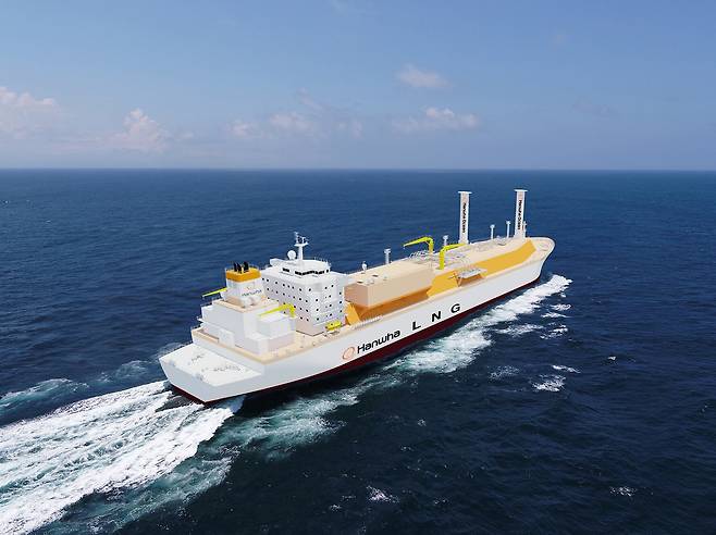 A rendering of Hanwha Ocean's green ship LNG carrier featuring next-generation eco-friendly technology. /Courtesy of Hanwha Ocean