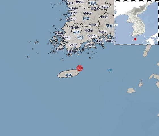 A 2.1-magnitude earthquake hit near Jeju Island Tuesday. [KOREA METEOROLOGICAL ADMINISTRATION]