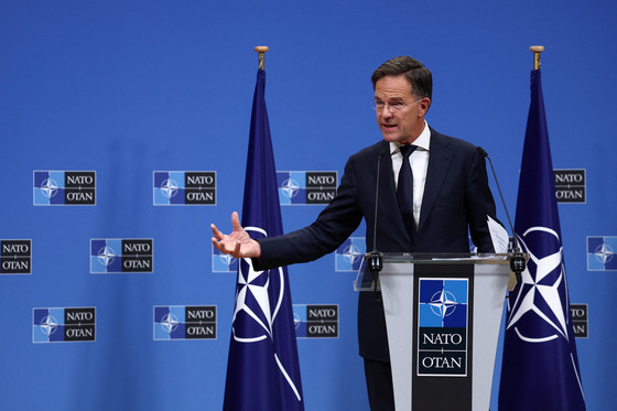 New NATO Secretary General Mark Rutte speaks at a press conference at the NATO headquarters in Brussels, Belgium, on Tuesday. [REUTERS/YONHAP]