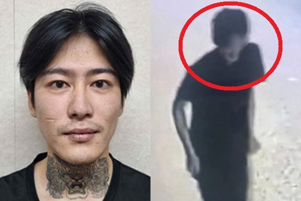 신상정보 공개가 결정된 박대성의 머그샷. 오른쪽은 지난달 26일 박씨가 여고생을 쫓아가 흉기로 살해하고 13분 뒤의 모습으로, 웃고 있는 듯한 표정이다. 전남경찰청 제공·YTN 보도화면 갈무리