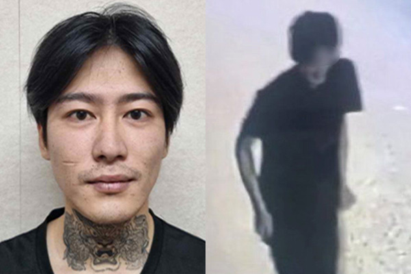 신상정보 공개가 결정된 박대성의 머그샷. 오른쪽은 지난달 26일 박씨가 여고생을 쫓아가 흉기로 살해하고 13분 뒤의 모습으로, 웃고 있는 듯한 표정이다. 전남경찰청 제공·YTN 보도화면 갈무리