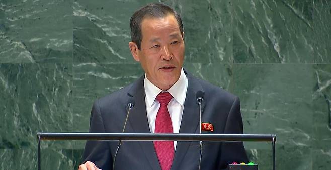 유엔총회 기조연설하는 김성 주유엔 북한대사 [유엔 웹TV 캡처.재판매 및 DB 금지]