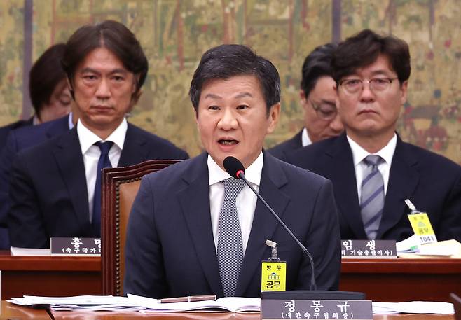 Korea Football Association President Chung Mong-gyu (center) speaks at the parliamentary committee on culture, sports and tourism at the National Assembly in Seoul on Sept. 24, as men's national team coach Hong Myung-bo (left) and former KFA technical director Lee Lim-saeng look on. (Yonhap)