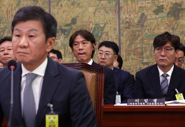 축구 국가대표팀 홍명보 감독과 이임생 대한축구협회 기술총괄이사가 지난달 24일 국회에서 열린 문화체육관광위원회 전체회의에서 나란히 앉아 있다. 앞은 정몽규 대한축구협회장. 연합뉴스