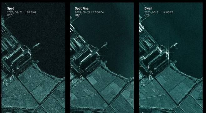 아이스아이가 2일 공개한 지난 8월21일 북한 신포조선소를 찍은 위성사진 모습. 북한 김군옥함이 촬영된 모습이다. 맨 우측이 드웰 모드로 찍힌 사진의 모습.[이미지출처=아이스아이]