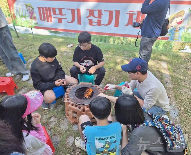 5일 전북 완주군 고산자연휴양림 일원에서 열린 완주와일드&로컬푸드 축제를 찾은 가족들이 메뚜기 잡기 체험활동을 하고 있다. 2024.10.5/뉴스1 ⓒ News1 강교현 기자