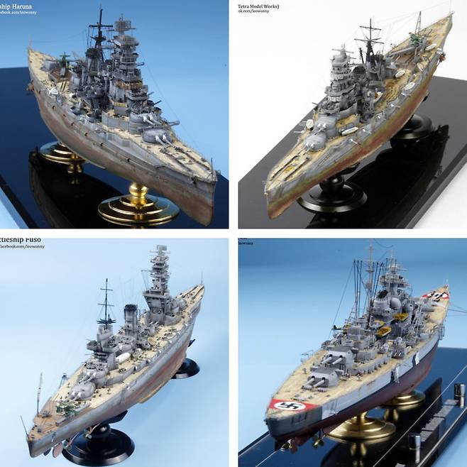 (왼쪽부터 시계방향) 1/700 IJN Battleship Haruna, 1/700 IJN Kirishima 1941, 1/700 DKM Bismarck, 1/350 IJN Battleship Fuso