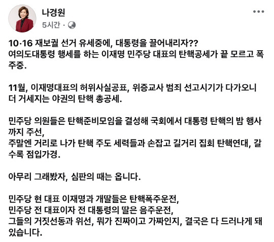 나경원 국민의힘 의원의 사회관계망서비스(SNS) 게시물 갈무리