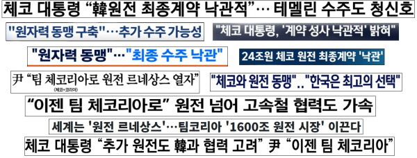 ▲윤 대통령 체코순방 이후 원전 최종 수주를 낙관적으로 보도한 기사 제목(9/20~9/21) 사진=민주언론시민연합 모니터링 갈무리