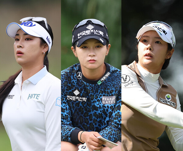 한국여자프로골프(KLPGA) 투어에서 활약하는 윤이나, 박현경, 박지영 프로가 2024시즌 메이저 대회인 하이트진로 챔피언십에서 경기하는 모습이다. 사진제공=KLPGA