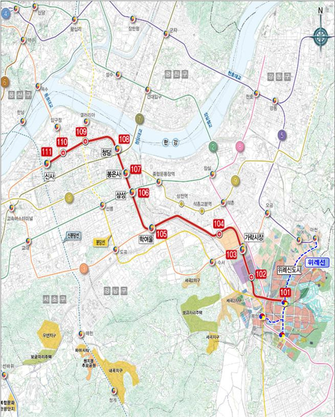 강남 신사동과 위례신도시를 연결하는 경전철 민간투자사업 사업 공모가 '0건'을 기록했다. 사진은 위례신사선 노선계획도. /사진=서울시