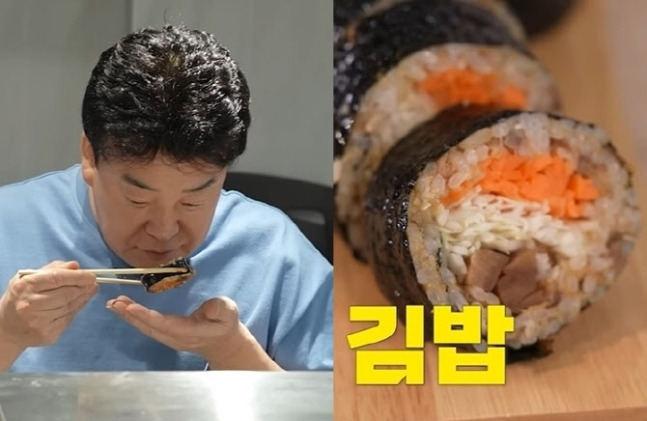 백종원 더본코리아 대표가 안동시와 함께 개발한 고등어김밥을 맛보고 있다. 백종원 유튜브 채널