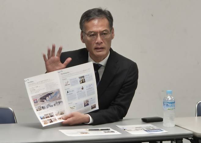 Toshio Fujimoto, CEO of iPark Institute which runs Shonan Health Innovation Park, speaks during a press conference held on Wednesday on the sidelines of Bio Japan 2024 at Pacifico Yokohama Exhibition Hall in Yokohama. [JOINT PRESS CORPS]