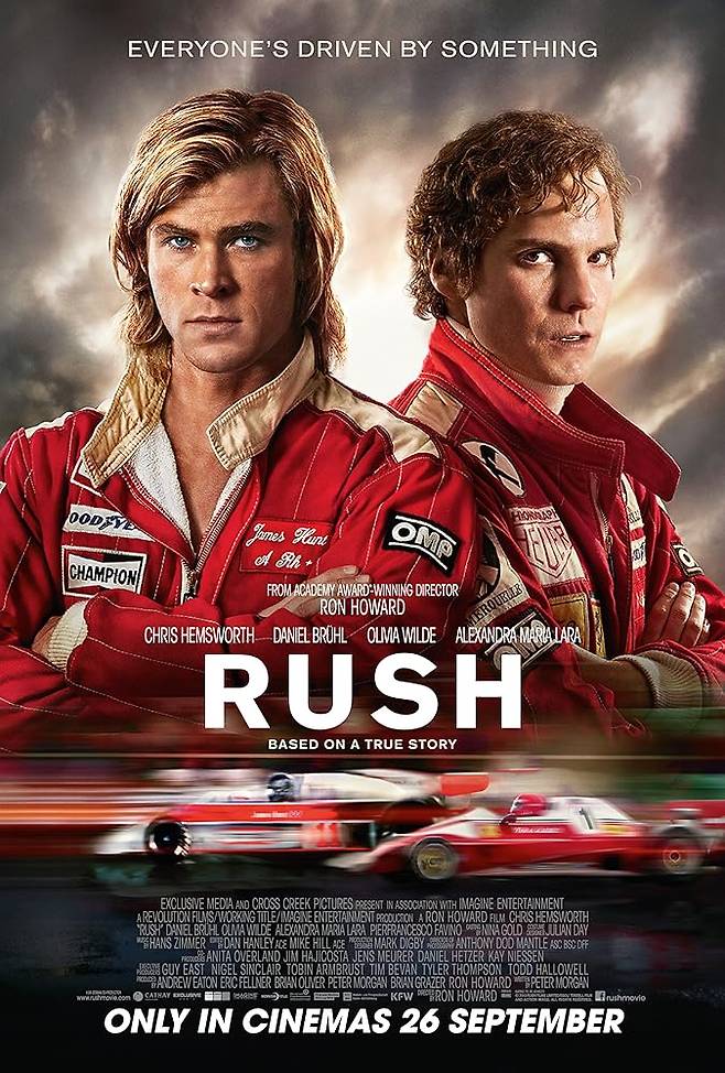 Daniel BrÃÂ¼hl and Chris Hemsworth in Rush (2013)