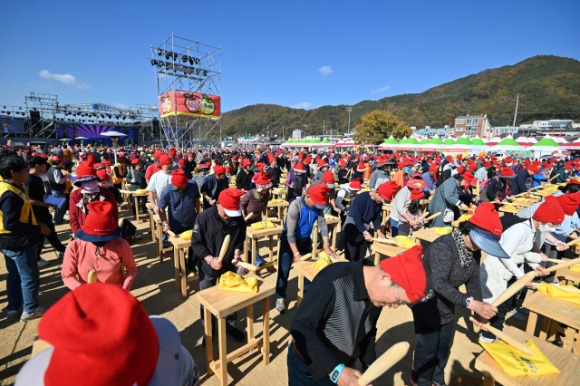 지난해 열린 경북 청송사과축제 참가자들이 사과 방망이 체험 프로그램에 참여하고 있다. 청송군 제공