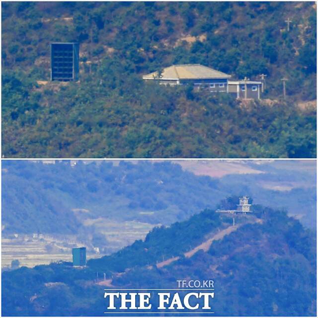 오두산 통일전망대에서 바라본 북한 개풍군 마을에 대남확성기가 설치돼 있다.