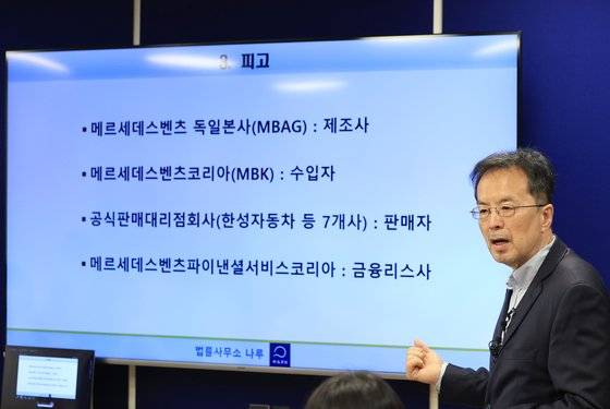 10일 오전 하종선 변호사가 벤츠 EQE 전기차주 24명이 메르세데스벤츠 독일본사, 메르세데스벤츠코리아 등을 상대로 공동소송을 제기하는 것에 관해 설명하고 있다. 연합뉴스