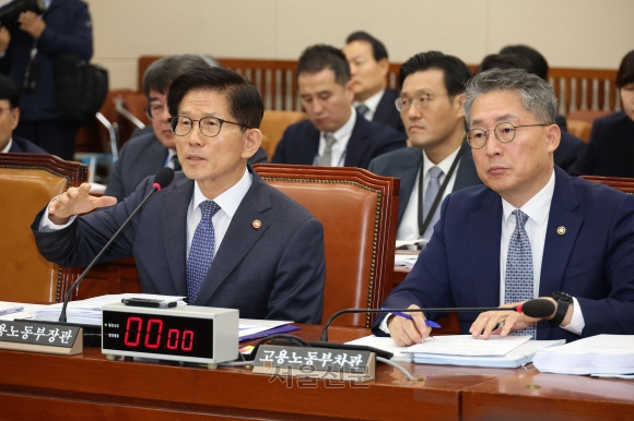 10일 국회 환노위의 고용노동부에 대한 국정감사에서 김문수 장관이 질의에 답하고 있다. 2024.10.10.안주영 전문기자