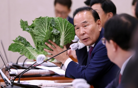 박덕흠 국민의힘 의원이 7일 오전 서울 여의도 국회에서 열린 농림축산식품해양수산위원회의 농림축산식품부에 대한 국정감사에서 배추가격 관련 질의를 하고 있다. 2024.10.7 뉴스1