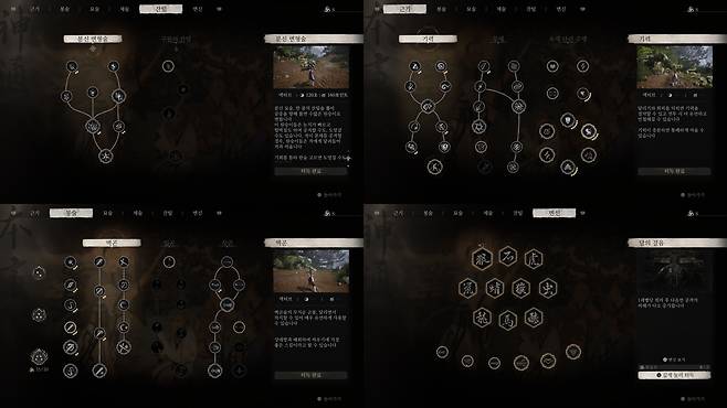 캐릭터의 기본성능을 향상하는 근기부터 봉술, 묘술, 변신 등 다양한 스킬트리를 통해 성장 할 수 있다.