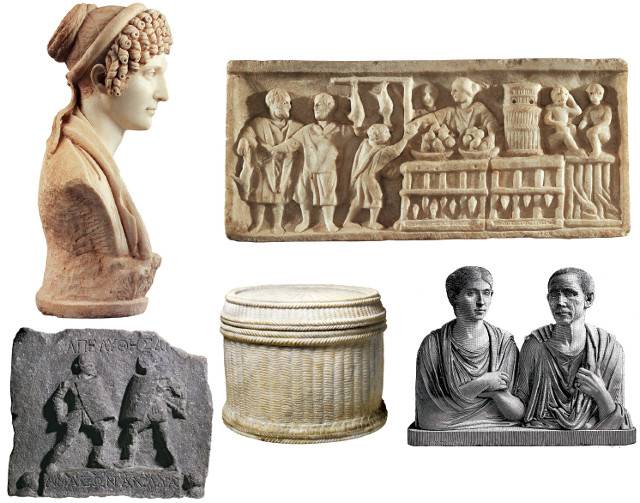 1~2세기 그리스 소아시아 유대 이집트 여성 사이에서 유행한 헤어스타일을 한 여사제의 흉상. 로마의 항구도시 오스티아에서 출토된 장례비 일부에서 한 여성이 상점에서 채소와 가금류를 판매하는 모습이 조각돼 있다. 바티칸박물관이 소장한 로마제국 시기 한 부부의 장례 초상. 당시 여성이 주로 제작한 양모 바구니 형태의 대리석 유골단지. 두 명의 여성 검투사가 싸우는 모습이 조각된 비문 일부(왼쪽 위부터 시계방향). 비아토르 제공, 게티이미지뱅크