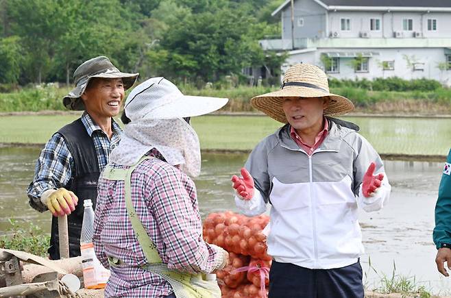 [창녕=뉴시스] 안지율 기자 = 성낙인 군수가 지난해 가을 농번기 영농 현장을 방문해 일손을 돕고 있다 (사진=창녕군 제공) 2024.10.11. photo@newsis.com *재판매 및 DB 금지