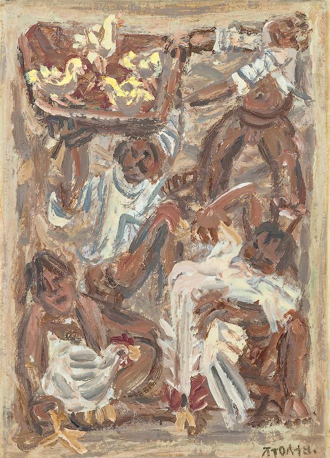 이중섭 '닭과 가족', 종이에 유화, 36×26cm,1954-1955[케이옥션 제공. 재판매 및 DB 금지]