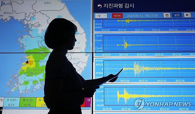 부안 지진 정보는 (수원=연합뉴스) 홍기원 기자 = 12일 오후 경기도 수원시 권선구 수도권기상청에서 지진 담당 주무관이 전북 부안에서 발생한 4.8 규모의 지진 관련 정보를 보여주고 있다. 2024.6.12 xanadu@yna.co.kr