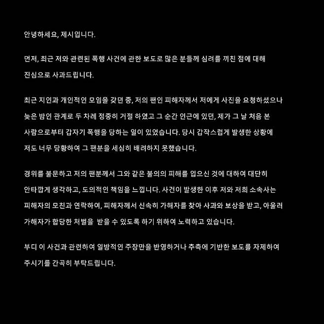 제시, 일행 팬 폭행 사과 "가해자=처음 본 사람..도의적 책임 느껴"[전문]