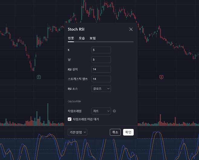 스토캐스틱 RSI 설정 메뉴 중 상단에 위치한 수치는 성향에 따라 바꾸면 된다. RSI 수치는 가급적 바꾸지 않는 것을 권장한다. / 출처=IT동아